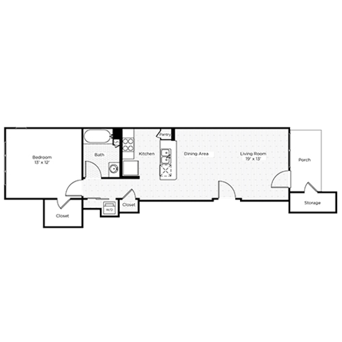 Floor plan for 1 bed, 1 bath, 770 sqft